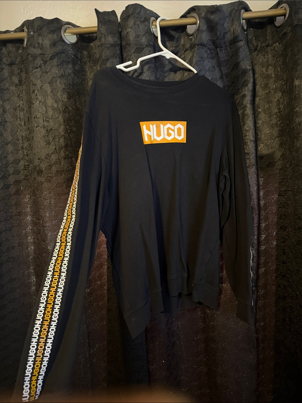 HUGO Black Sweatshirt with Orange Chest Logo and Striped Sleeve